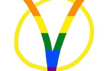 V mit Regenborgenfarben und gelben Kreis